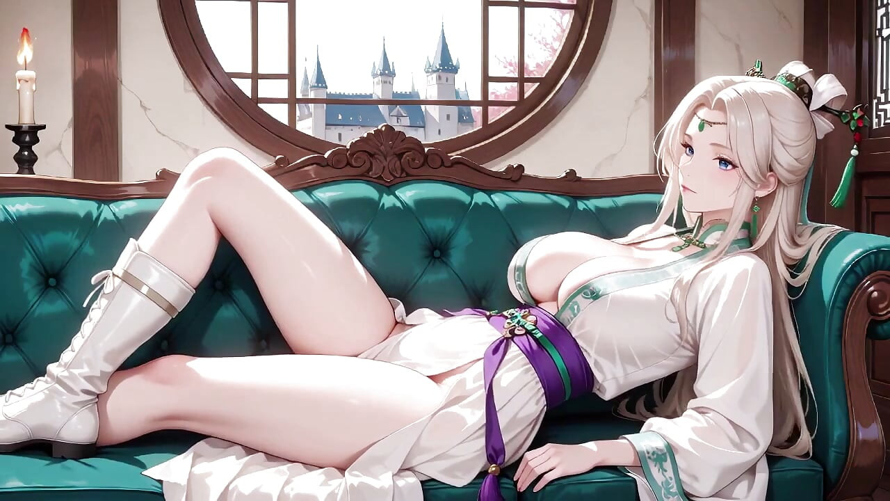 White Kimono Maid! Kneeling in the Japanese Corridor, Huge Slit Revealing Wet Thighs Under the Sun.