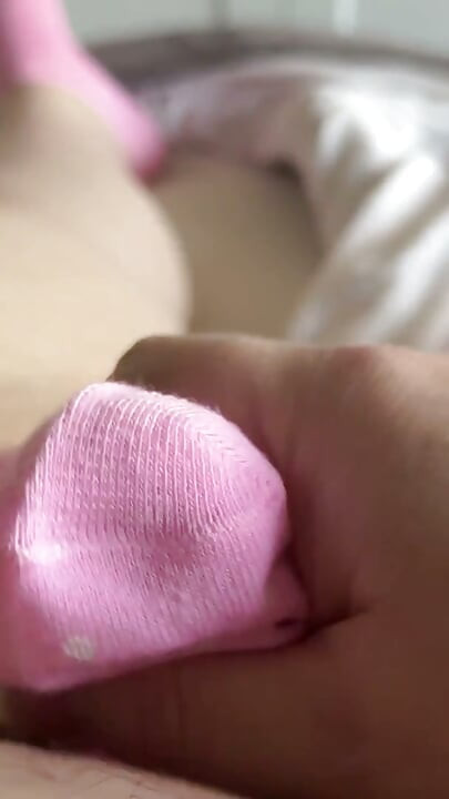 Showing off and Jerking Off into my new pink polka dot socks