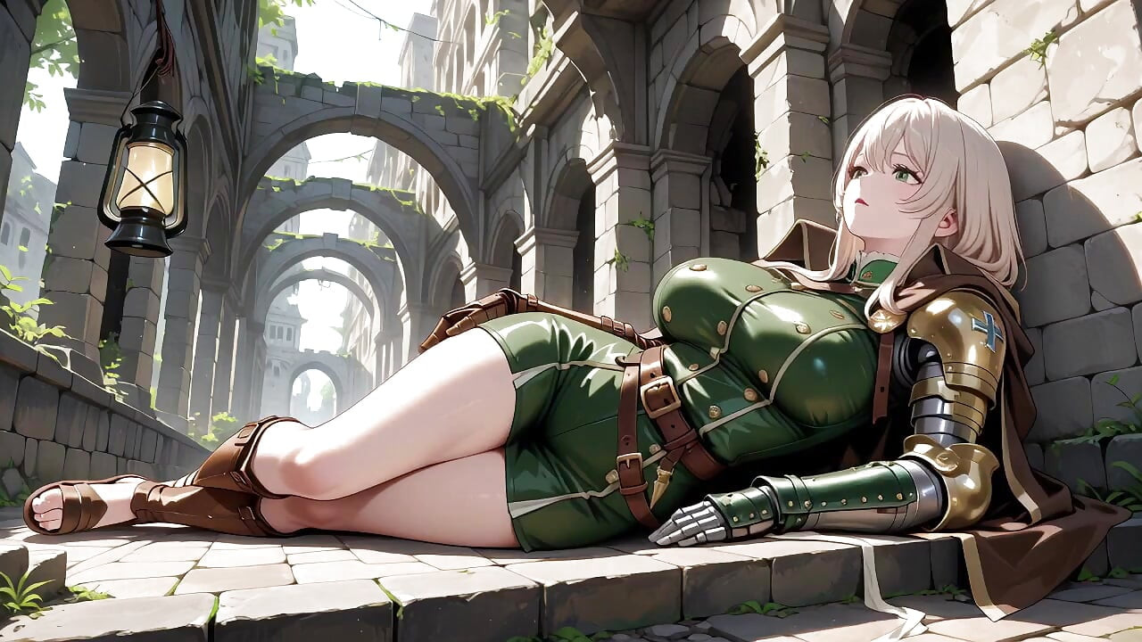 Petang Blonde Knight! Hijau Seragam Seragam Senjata Mekanikal Emas, Malas Menghinakan dalam ruins batu purba.