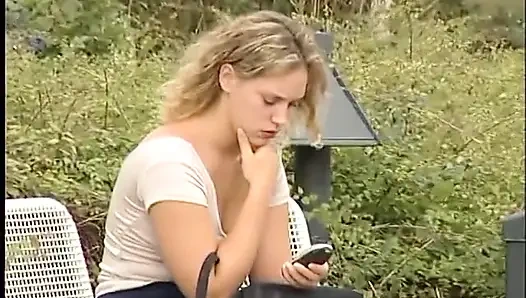 Cute blonde chick blows hard cock outdoors