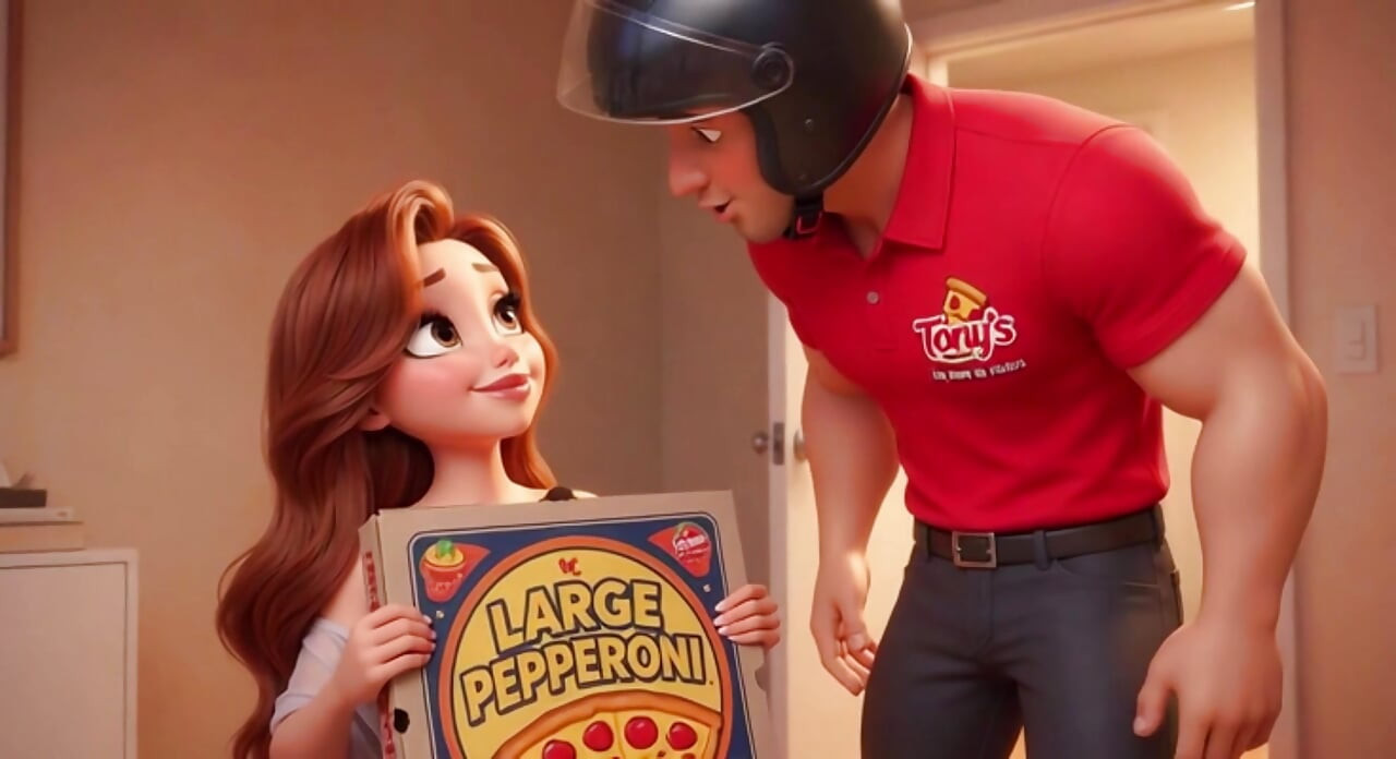 Pizza Delivery Leads to Passionate Helmet-On Night of Desire and Connection (AI generated)