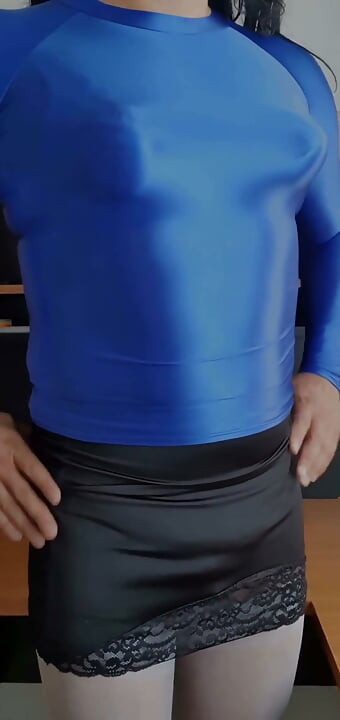 Modeling My Blue Spandex Blouse and Pointy Tits