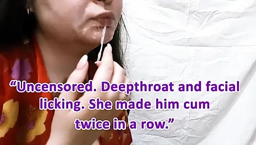 Menelan dalam-dalam dan menjilati wajah. Dia membawanya ke orgasme dua kali berturut-turut.