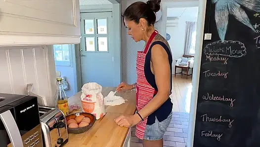 Hot wife with amazing natural tits gets her pussy filled while working in the kitchen.