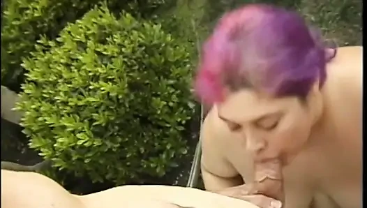 Huge beauty with purple hair SinDee Williams gives incredible cumloaded BJ to big hard male meat