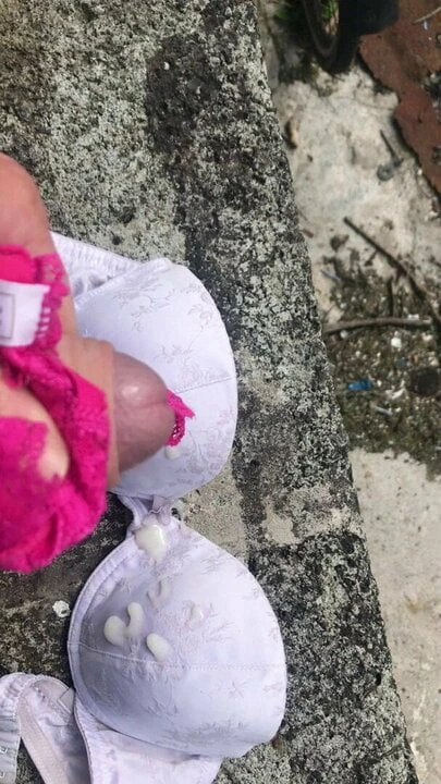 Pink panties and white bra cum