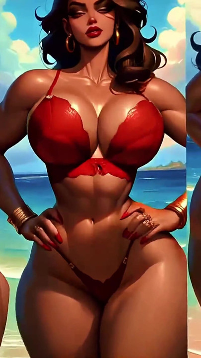 4K 100% AI generated 3D Soft Looping PMV: Dunkelhäutes, dicker arsch, sanftes Twerk am tropischen strand in sexy Bikinis | Clip 1