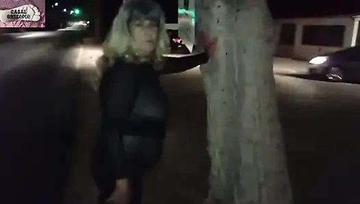 Mel showing off in public on the side of the road 13