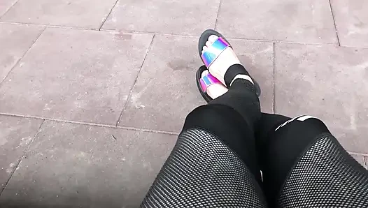 My new shiny sandals and toes tease outdoor