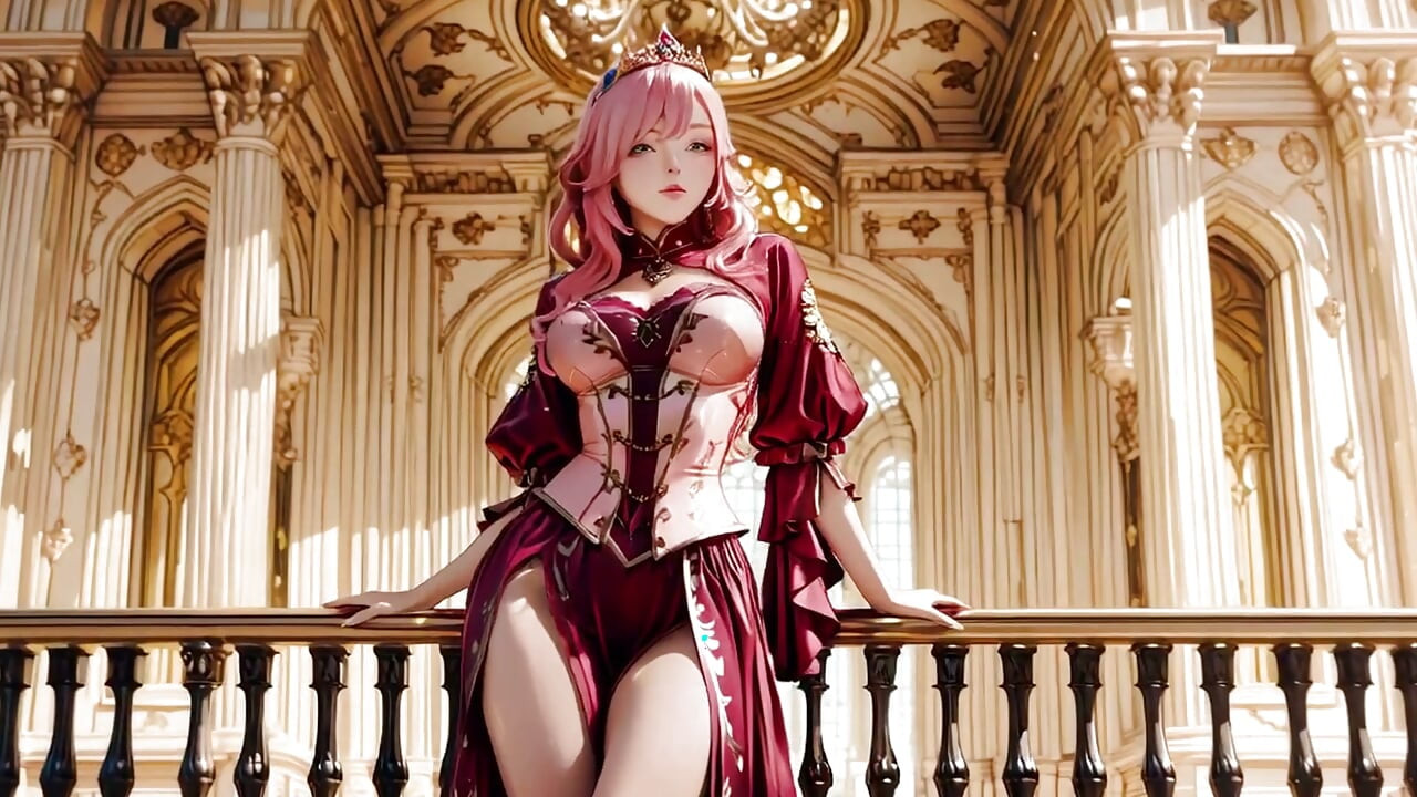The Pink Queen's Coronation! Deep red silk, golden goblet, and a lazy gaze from the throne. Pure fantasy.