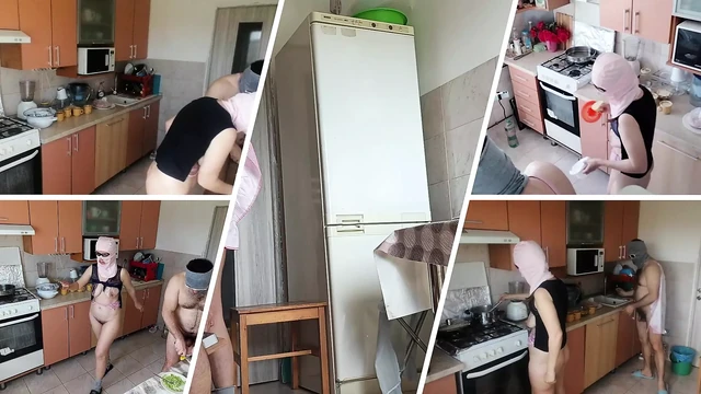 Hot amateur couple having fun in the kitchen. Sexy mom has breakfast in the bedroom, hairy pussy, big tits, big ass.
