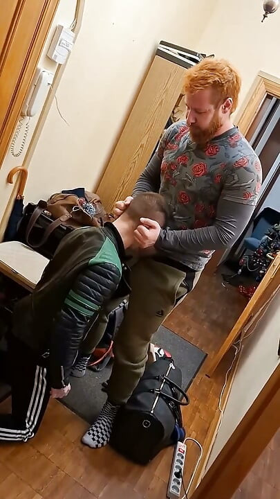 Ginger Guy in Leather Gets on His Knees - Gay Amateur Blowjob