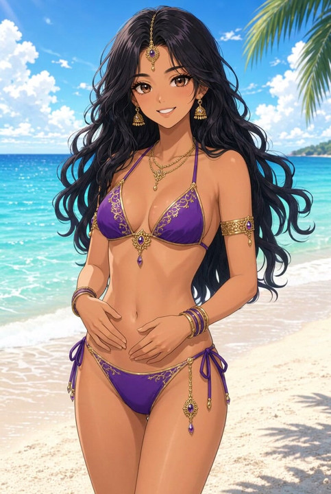 Lilavati Anime Beach Bikini Gentle Stomach Touch and Smile Hot Indian Girl