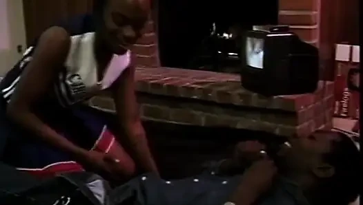 Fine hot black chick gets her pussy fucked against the fireplace