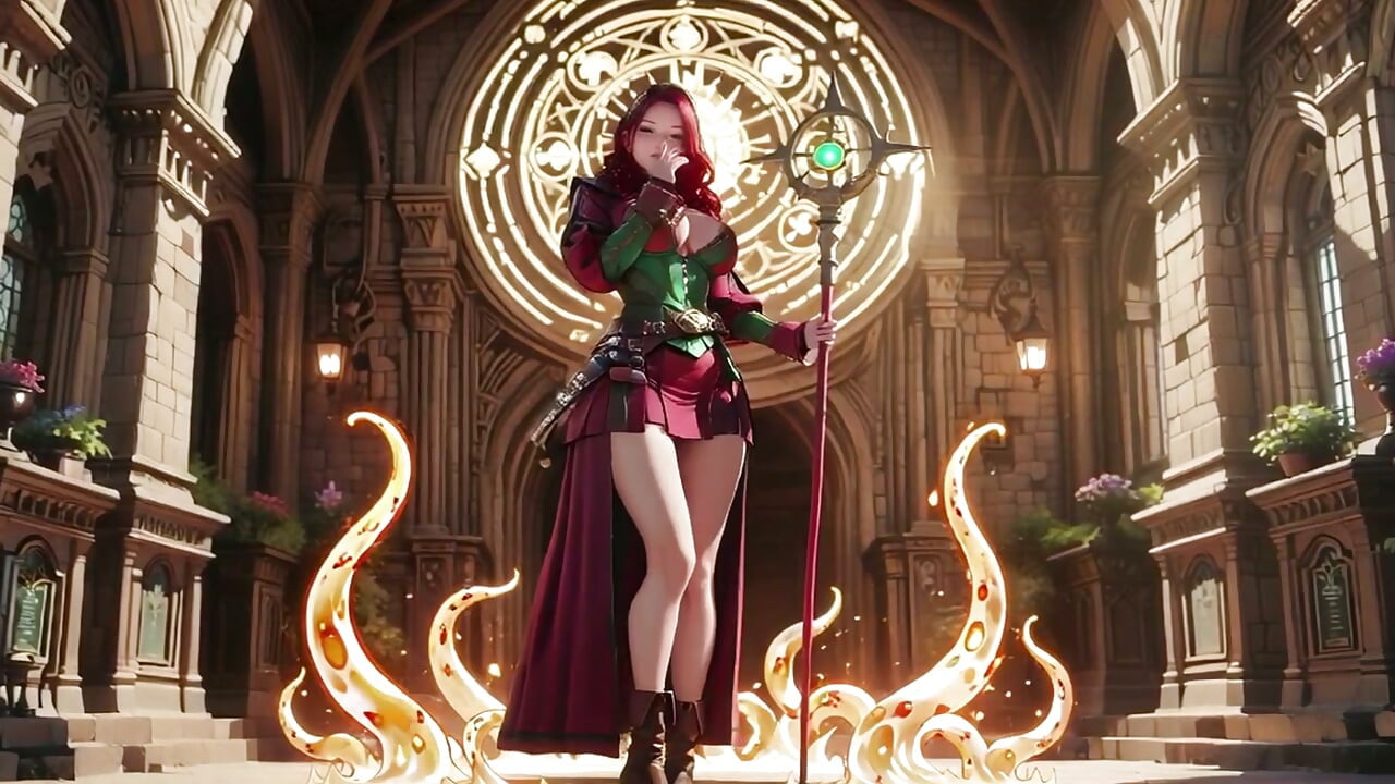 ¡La hechicera pelirroja despierta! Arrodillada en la catedral gótica, halos dorados la rodean mientras se le levanta la falda.