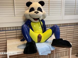 Nutrire un panda della mascotte con un uovo