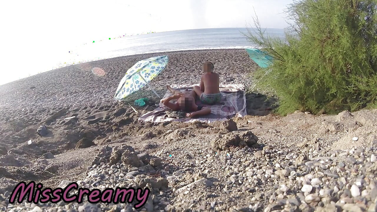 Exhibitionist Wife Outdoor Amateur MILF Blowjob & Handjob Big Cock on Nudity Beach in Front of Follower with Cum
