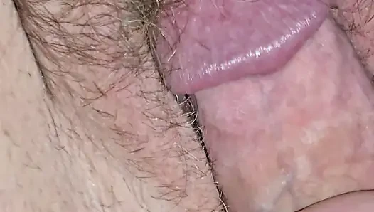Teasing her hairy pussy and another creampie