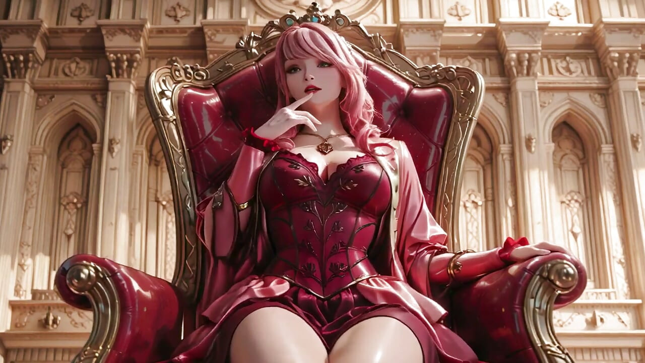 The Pink Queen's Coronation! Deep red silk, golden goblet, and a lazy gaze from the throne. Pure fantasy.