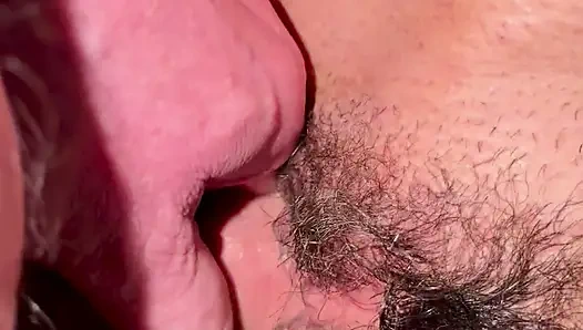 Horny cock rubbing and fucking my big hairy pussy with pissing and cumshot