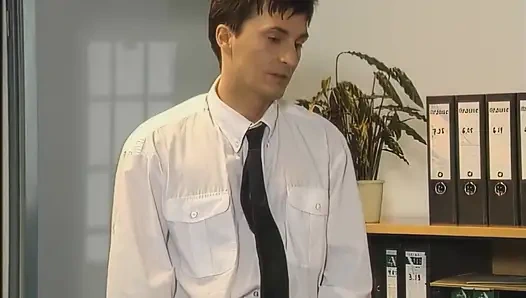 Horny Blonde Slut with Massive Fake Tits Gangbanged by 3 Office Studs!