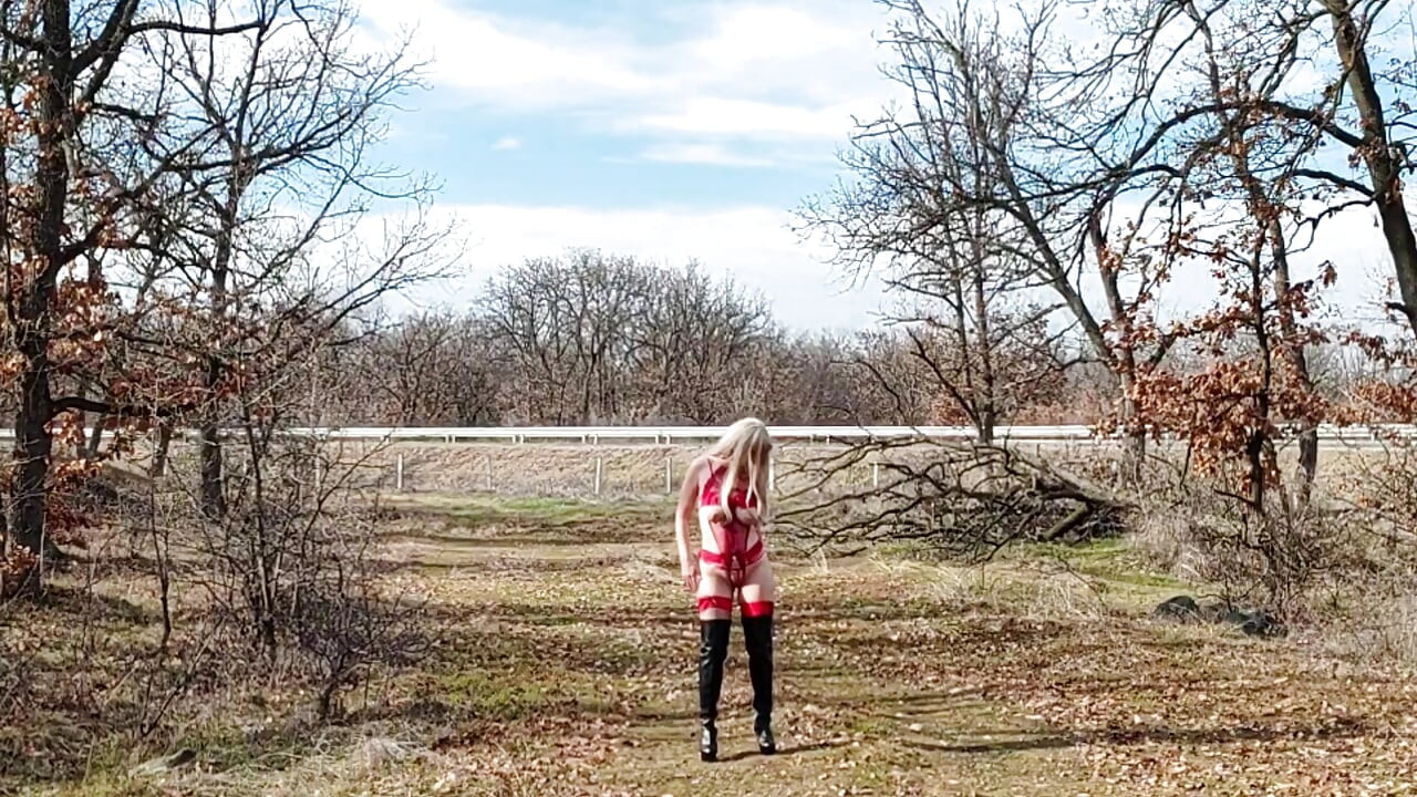 Little Whore Strips off Her Red Bodysuit on the Highway Part 1