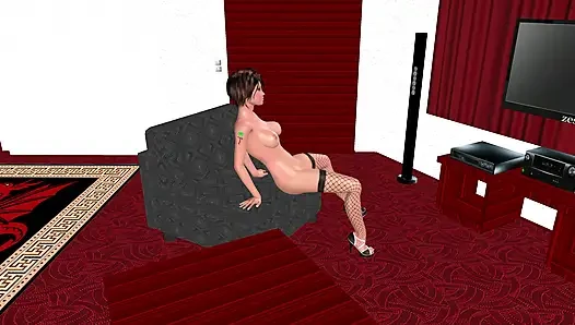 Animierter 3D-cartoon-porno - schönes mädchen masturbiert mit flasche auf stuhl mehrere orgasmen