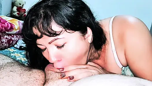 Hot stepmom shares bed with stepson and gets cum in her mouth while her cuckold husband is not at home