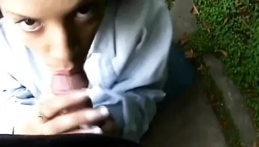 Esmer hatun açık havada büyük yarak emiyor ve patlamalı orgazm oluyor