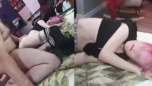 Petite white schoolgirl with braces & pink hair wearing a mini skirt gets fucked and given a facial while she smiles