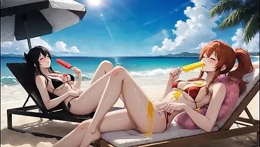 Pertemuan cewek gotik ai si cewek cantik rambut merah - crossover pantai (makan es es)