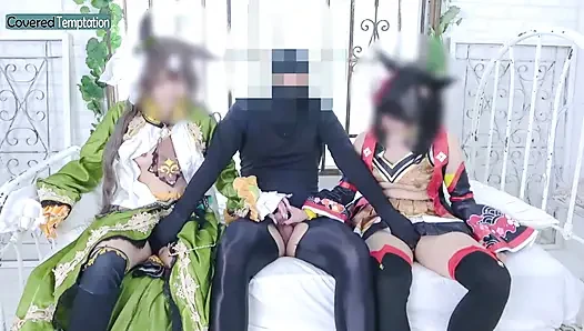 Косплей взрослой женщины, секс в тройничке с двумя партнерами в групповой сцене