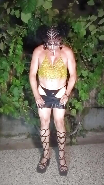 Sexy mature slut transvestite shows off, masturbates and cums outdoors