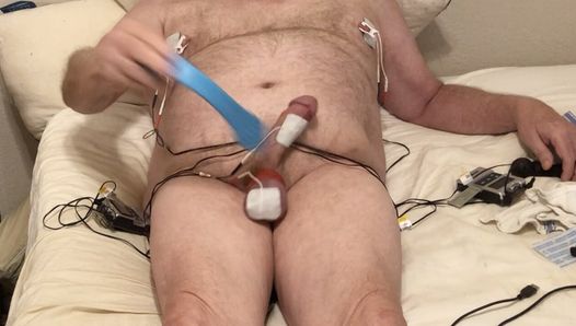 Overhead estim and ballbusting for a hands free orgasm