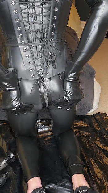 Latex doll training, gasmask, cock pump, plugged