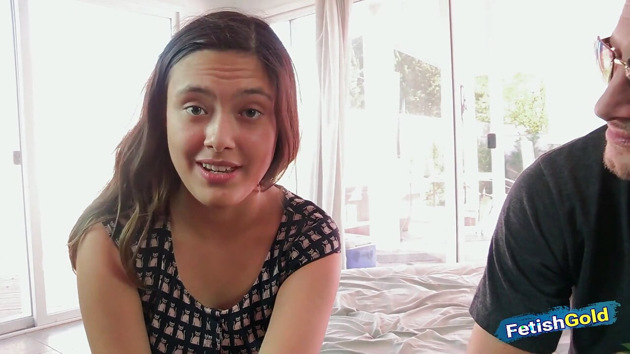 Brunette teen gets her tight pussy hammered by a tattooed guy into her first porn scene