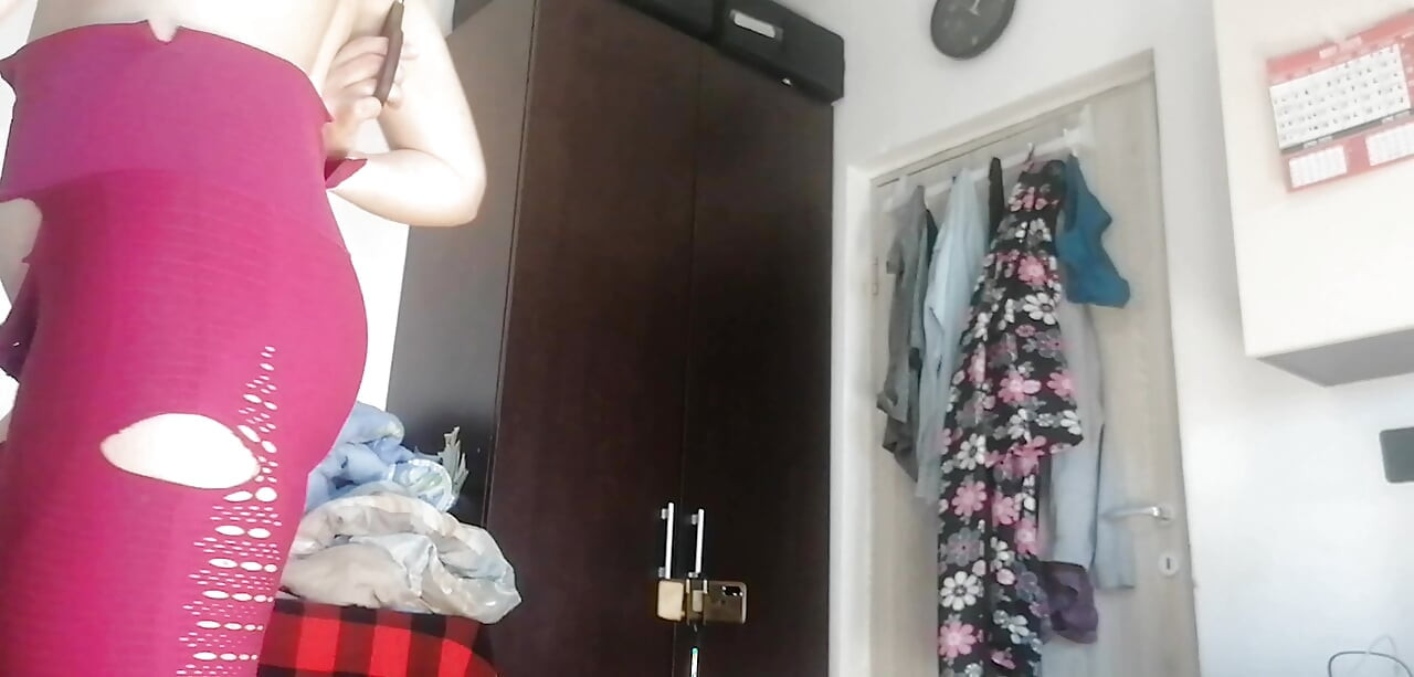 Amateur wife has fun trying on clothes and cutting them. Amateur wife sucking naked in the house