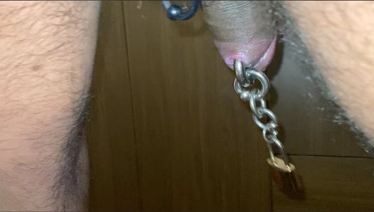 Dangling my 8mm Pierced cock chained to a Padlock and Edging a Little Bit and Closing up on my Cock