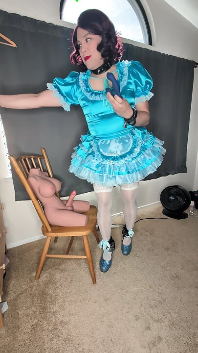 Satin Sissy Maid Plugs Herself and Sucks Her Doll