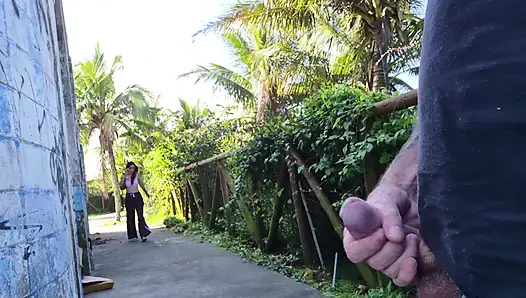 Risky handjob for hot redhead on the walk in the park in public!