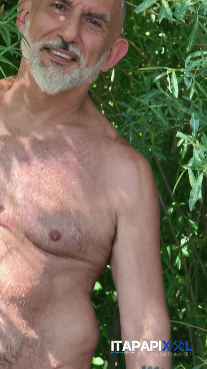 Outdoor naked mature man with uncut softie cock