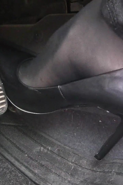 Revving and Driving in Black Pantyhose and Grey High Heels