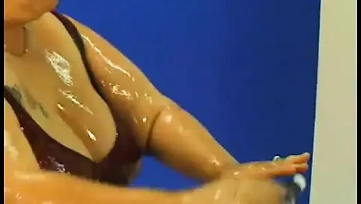 An oiled hairy BBW fucks with her fucker