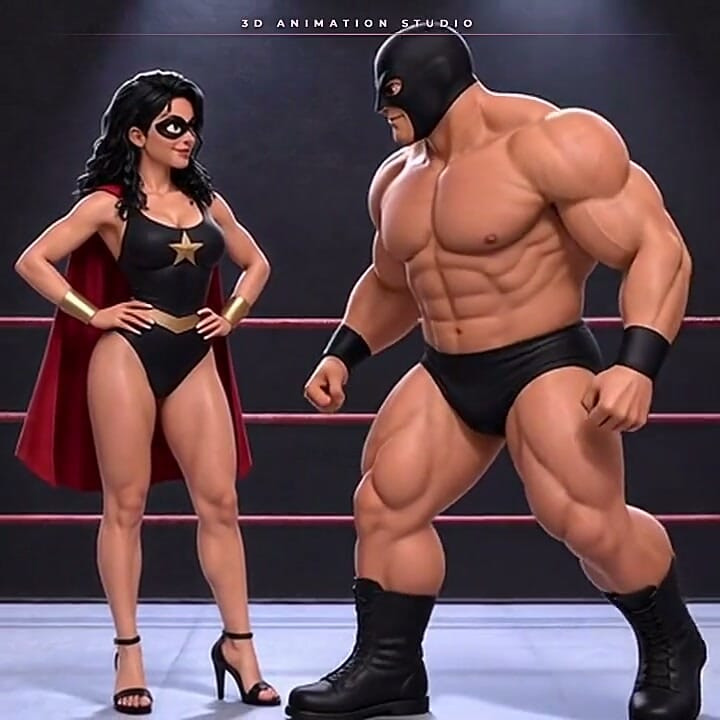 Masked Superheroine in Strap Heels Caught in Bearhugs and Ankle Locks - Ring Wrestling