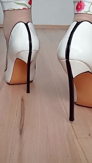 Crossdresser Walks in White Casadei Blade Pointed Toe High Heels Pumps