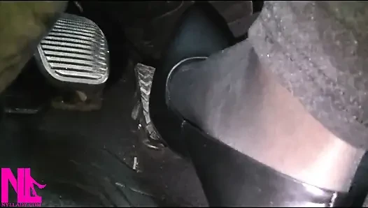 Revving and Driving in Black Pantyhose and Grey High Heels