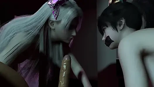 3D Zwei geile schlampen cosplay modell teilen sich einen großen schwanz