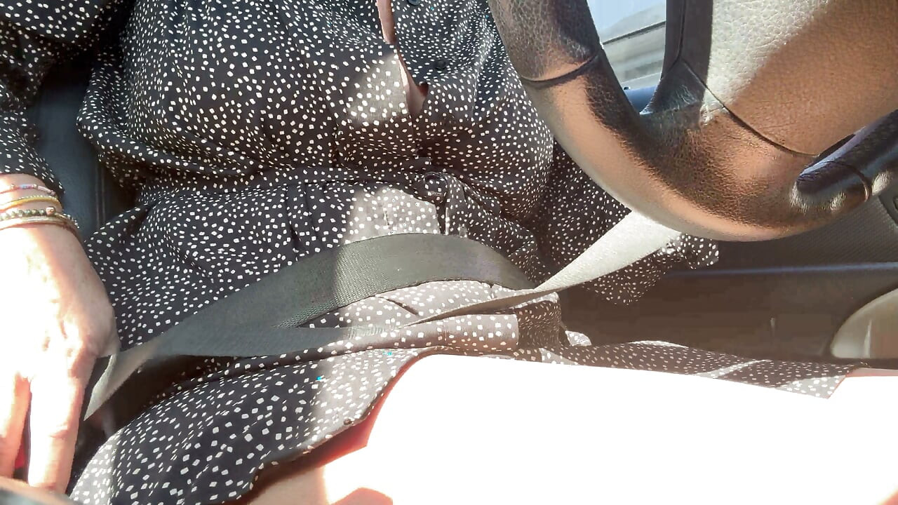 In the morning on the way to the office, a sexy stepmom touches her big tits and rubs her wet pussy.