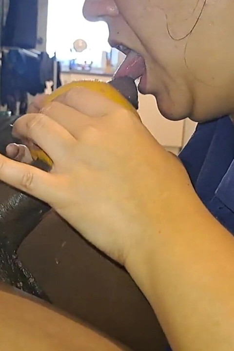 Licking Big Black Cock Helmet While Wanking Him With Grapefruit