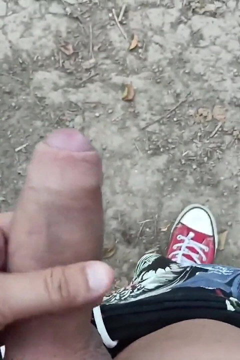 Jerk off Near Lake, Close up Looks on Big Glans and Cum to Lake